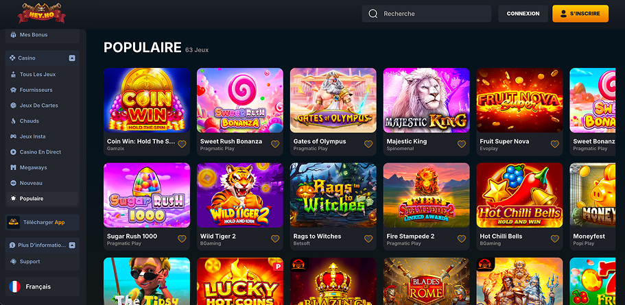 Jeux populaires au Casino Hey Ho avec de l'argent réel en France