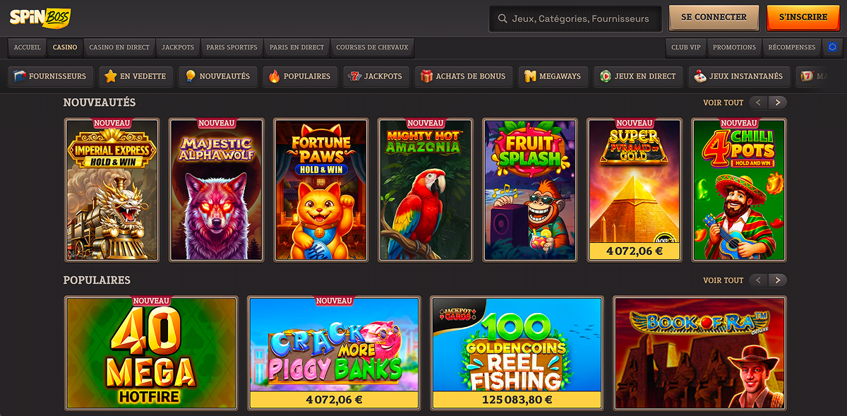 Catalogue de jeux sur Spin Boss Casino en ligne